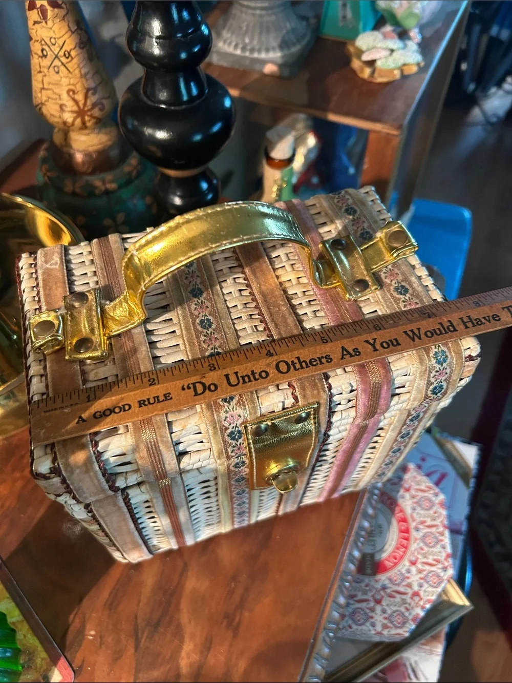 Vintage Woven Wicker Box Handbag with Ribbon Trim